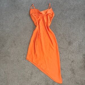 Cowl Neck Asymmetric Satin Dress